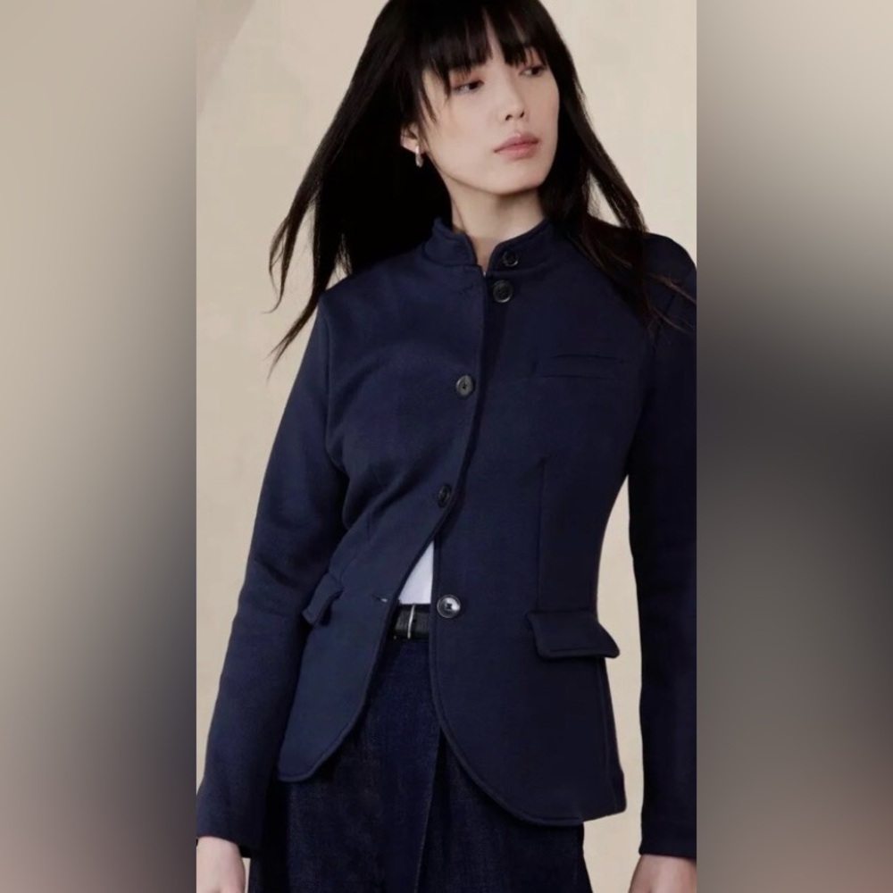 NWT Banana Republic NAVY PIQUE BAND-COLLAR BLAZER
